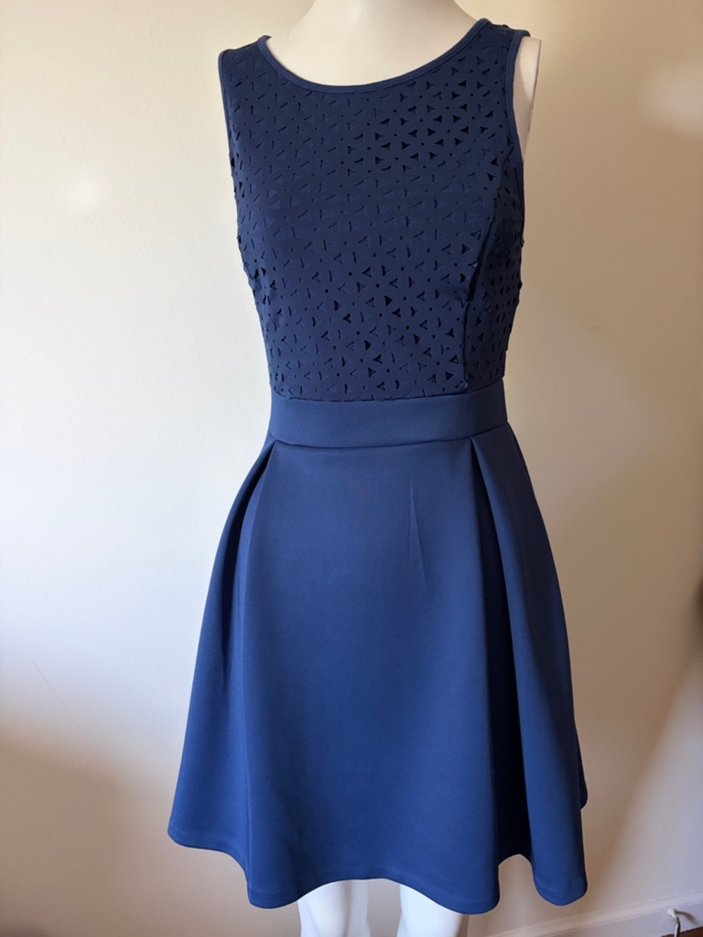 dina be Navy Laser-Cut Fit & Flare Mini Dress